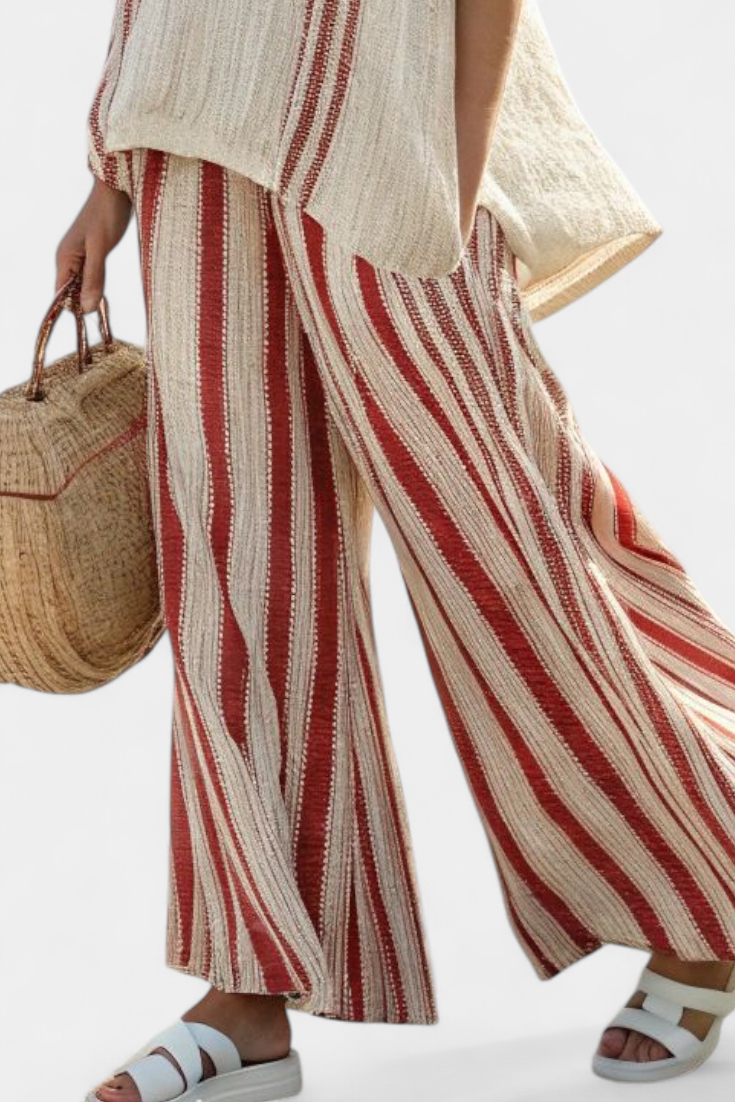 Mirella | Sophisticated Textured Red-Stripe Top & Linen Pants